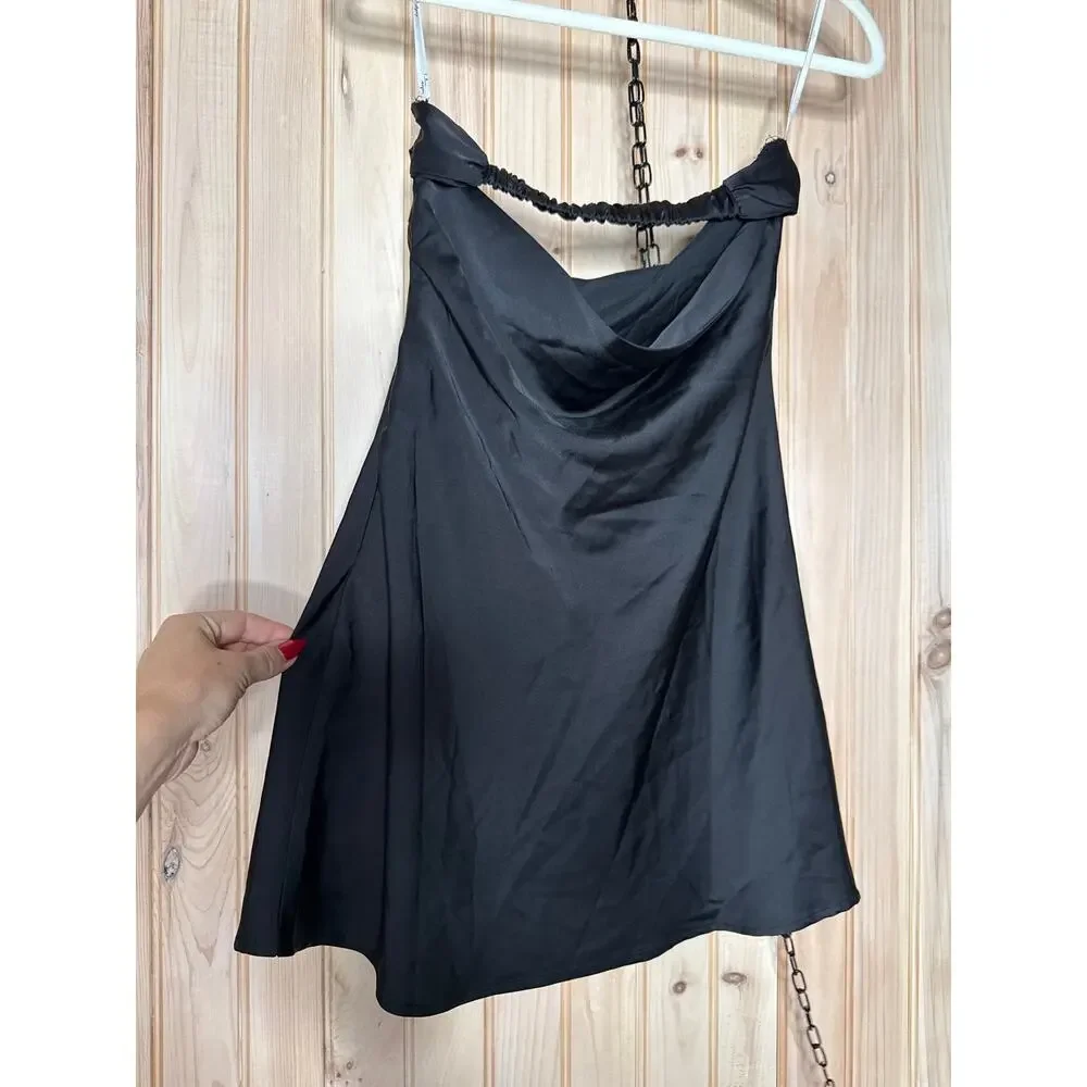 NWT Lulus Exquisite Approach Black Satin Strapless Cowl Back Mini Dress Size S - Picture 4 of 6